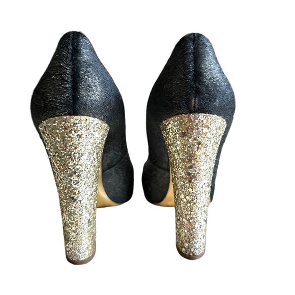 Miu Miu Black/Gold Calf Hair And Coarse Glitter Cap-Toe Block Heel Pumps Size 40 - Picture 10 of 14